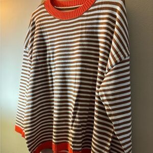 Striped Brown and White Sweater with Orange Accents
